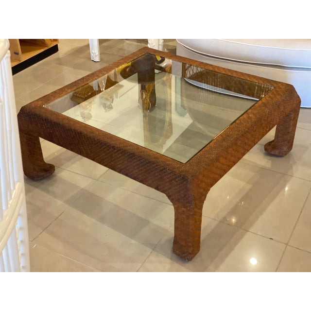 Vintage Scroll Ming Legs Braided Leather Wicker Glass Top Coffee Cocktail Table For Sale - Image 11 of 13