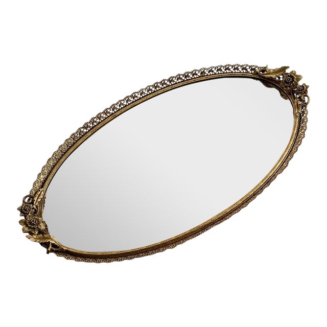 Vintage French Oval Mirrored Vanity Tray With Gilt Floral Filigree, Circa 1950s For Sale