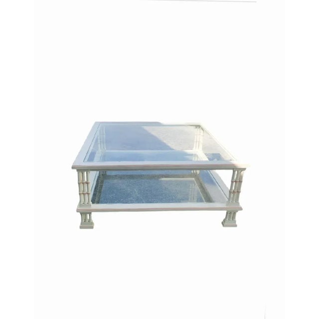 Off-white Vintage Thomasville Style Square Faux Bamboo Off White Pink Triple Leg Glass Top Coffee Table For Sale - Image 8 of 10
