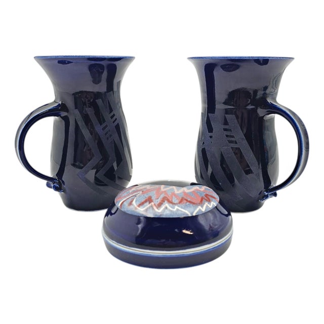 Contemporary Marianne Weinberg Benson Studio Pottery Cobalt Blue Abstract Mugs & Box For Sale
