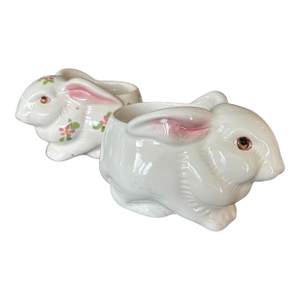Pair of Vintage Avon Bunny Ceramic Planters – Handcrafted Floral Medley Spring Rabbit Decor, Made in Brazil, 1980s Collectible Set