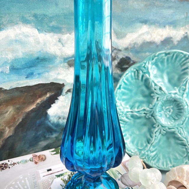 Mid Century Blue Swung Glass Vase For Sale - Image 4 of 8