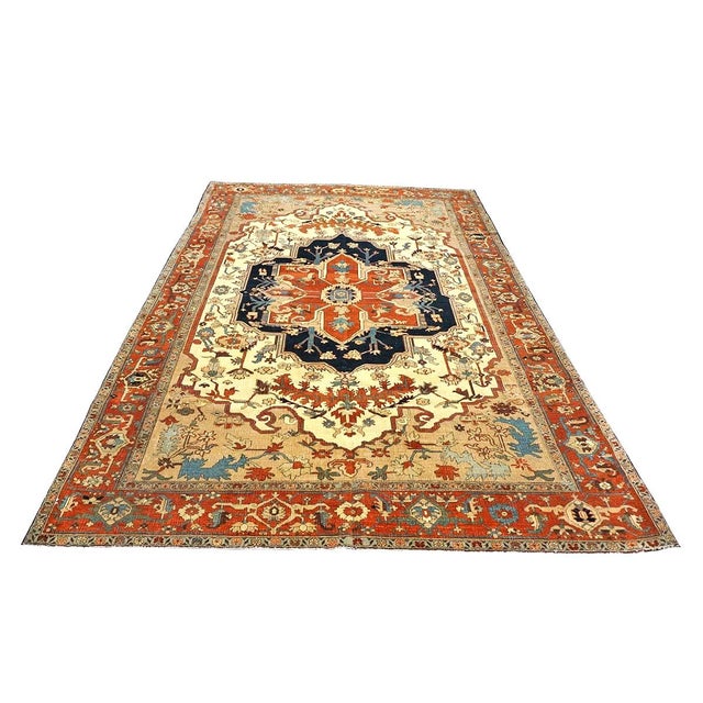 Persian Serapi Wool 7x11 Rust, Navy, Tan, & Ivory Handmade Area Rug #9902841