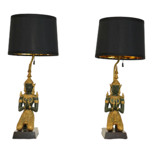 Pair of 1950s Hollywood Regency Bronze Thai Teppanom Kneeling Angel Buddha Table Lamps
