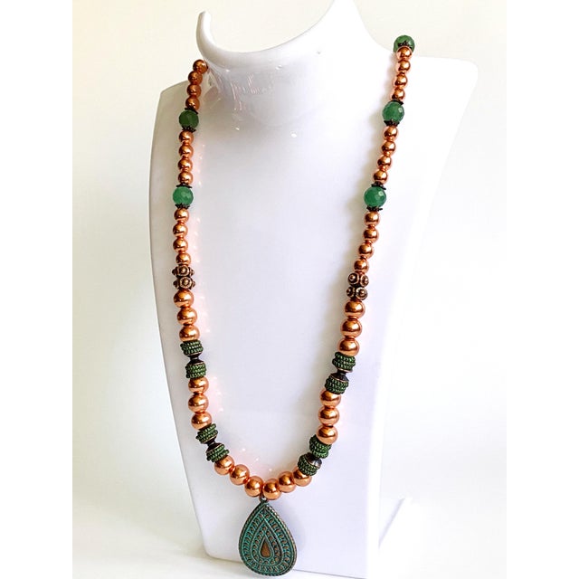 Artisan Solid Copper & Green Aventurine Statement Necklace | Verdigris Patina Pendant | Bohemian Luxe Handcrafted Jewelry For Sale - Image 14 of 18