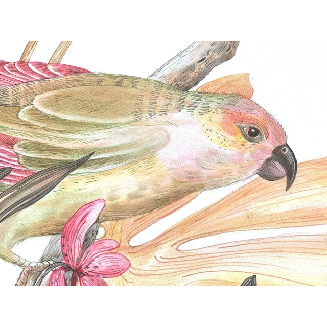 "A Little Bird Told Me" is an unframed original work. Acrylic painting on canvas. A colorful content parrot is nestled...