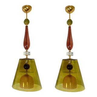 Olive Green, Mid Century Modern, Murano Glass Pendant Lights - a Pair For Sale