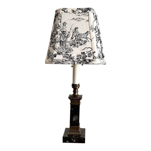 Vintage Black Marble Lamp With Toile Fabric Shade For Sale