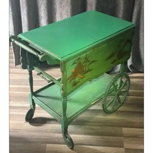 1920s Antique 1920s Paalman Furniture Co Green Drophandle Teawagon Tea Cart W/ Asian Motif For Sale - Image 5 of 10