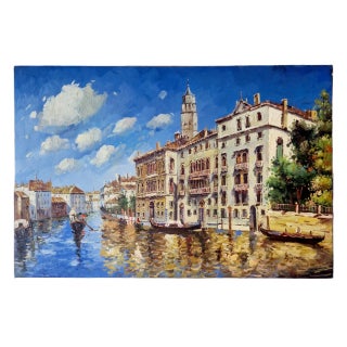Mid-20th Century Signed Long Lin - Venetian Canal Scene With Gondolas, Oil on Canvas For Sale