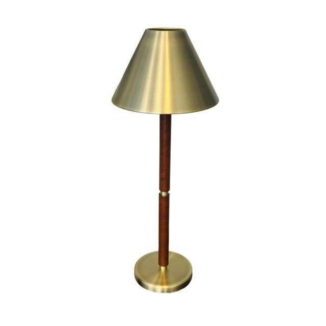 Lauren Ralph Lauren Mid-Century Modern Lauren Ralph Lauren Home Brass & Leather Buffet Table Lamps – Campaign Style Designer Lighting - Pair For Sale - Image 4 of 11