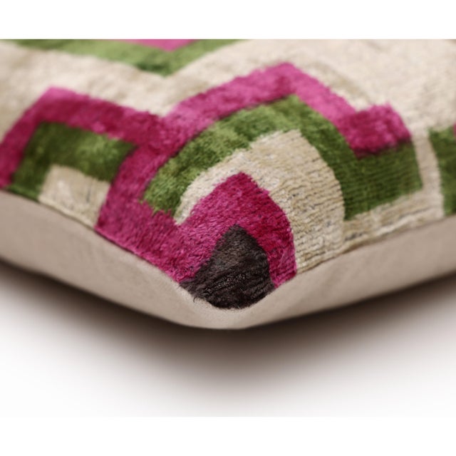Modern Geometric Silk Velvet Pillow 20x20 | Handmade Pink & Green Designer Cushion For Sale In San Francisco - Image 6 of 8
