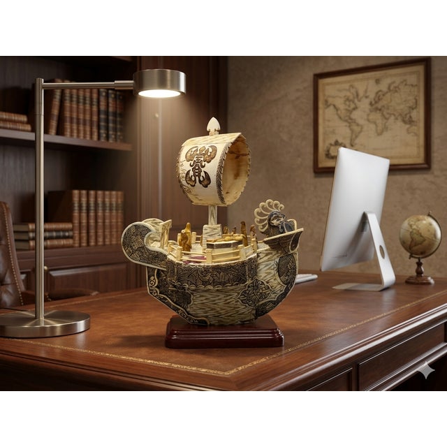 Wood Vintage Asian Cream Bone Inset Treasure Ship Display Art Figure For Sale - Image 7 of 16