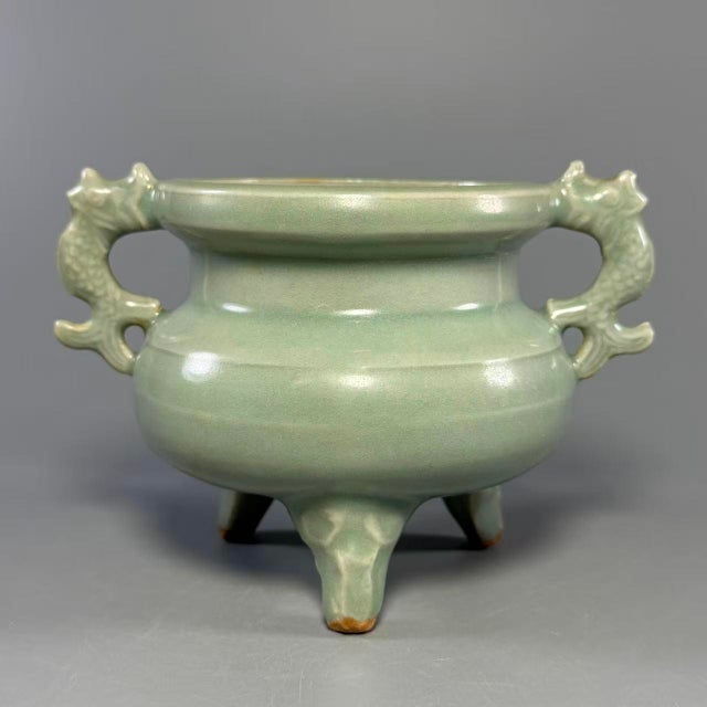 Mid 19th Century Vintage Chinese Longquan Celadon Porcelain Incense Burner | One of a Kind, Dragon‑Shaped Handles For Sale - Image 5 of 7