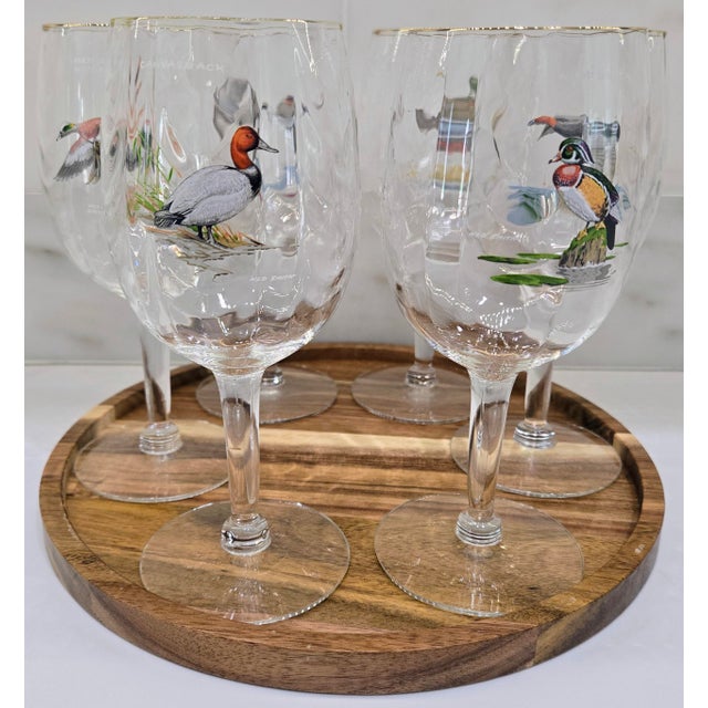Mid-Century Modern Vintage Ned Smith Waterfowl Series 22k Gold Rim Crinkle Wine Glasses Set of 6 For Sale - Image 3 of 14