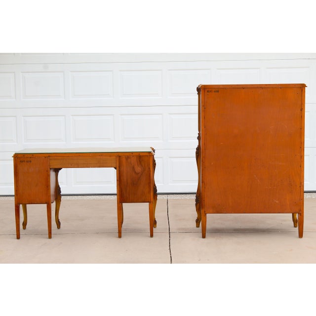 Magnificent Vintage French Provincial Louis XV Rococo Satinwood & Burl Wood Vanity and Tall Boy Chest Set For Sale - Image 15 of 18