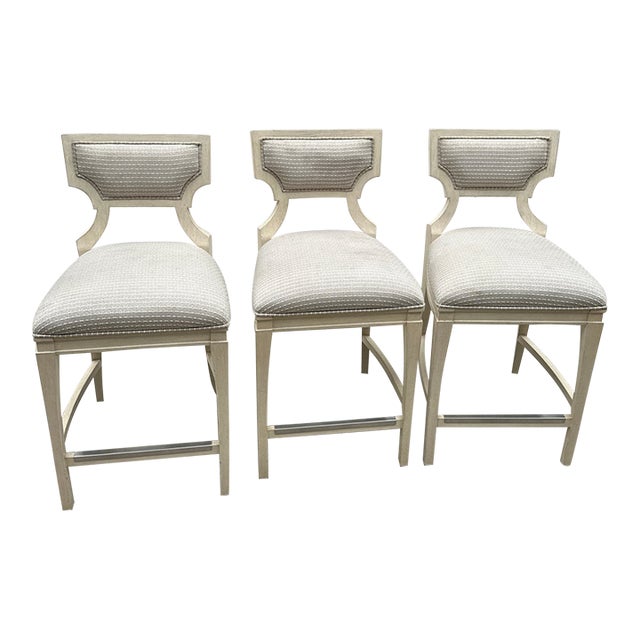 1970s White Wooden Barstools Trio With Cushions- Needs Reupholstery For Sale