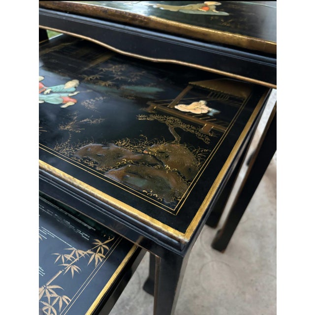 Black 1960s Set of Three Antique Chinese Lacquered Nesting Tables For Sale - Image 8 of 11