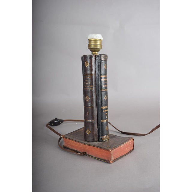 Vintage Leather-Bound Book Stack Table Lamp, Library Accent Light, English Study Style, Europe, 1950s For Sale - Image 4 of 12