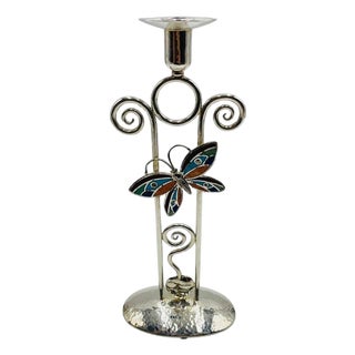 1980s Emilia Castillo Silver-Plated Butterfly Candle Holder With Stone Inlay, Mexican For Sale