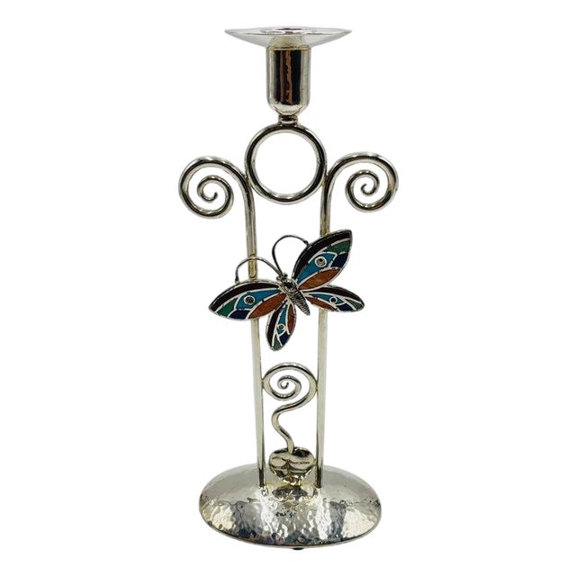 1980s Emilia Castillo Silver-Plated Butterfly Candle Holder With Stone Inlay, Mexican For Sale