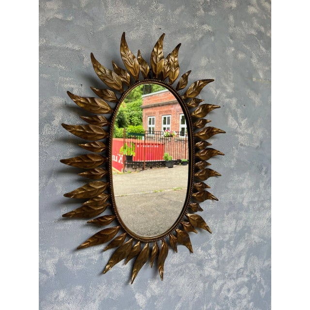 Metal Spanish Oval Gilt Metal Sunburst Mirror With Alternating Leaves For Sale - Image 7 of 13