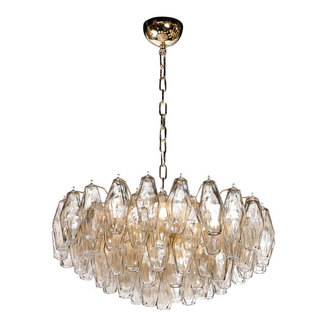 Modernist Hand-Blown Murano Smoked Glass Polyhedral Chandelier in Brass Fittings For Sale