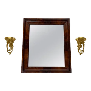 Small Mahogany Mirror with Gilt Wood Rocaille Scroll Wall Brackets, Set of 3