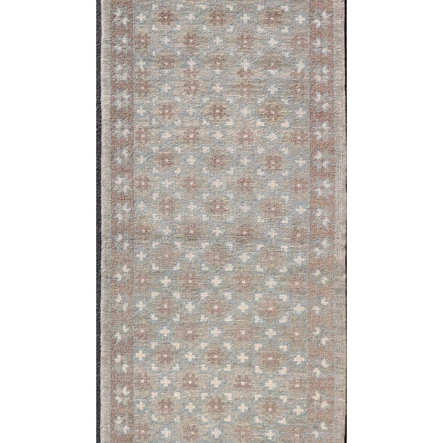 Early 21st Century Turkish Oushak Runner With Repeating Floral Motif in Taupe and Seafoam Green For Sale - Image 5 of 10