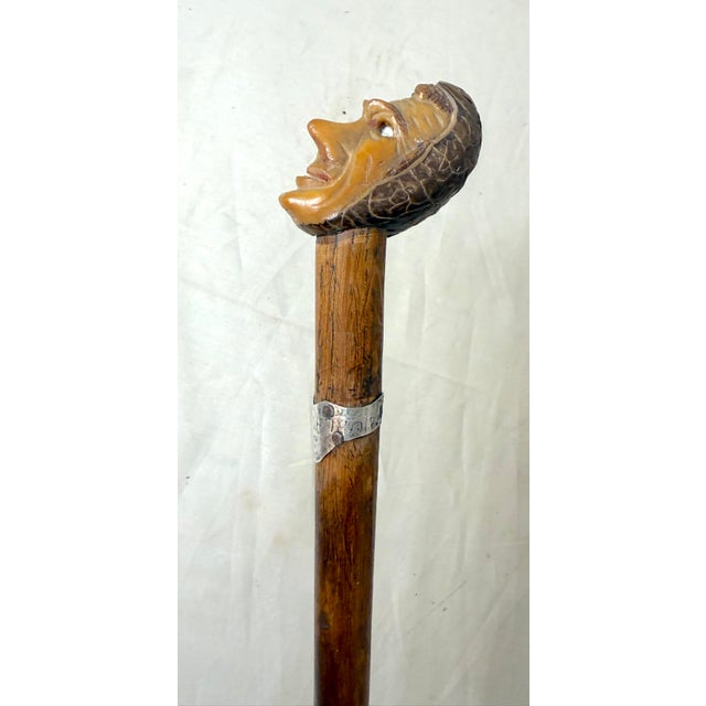 Antique 1800's Hand Carved Nut Wood Sterling Silver Man Face Walking Stick Cane For Sale - Image 4 of 17