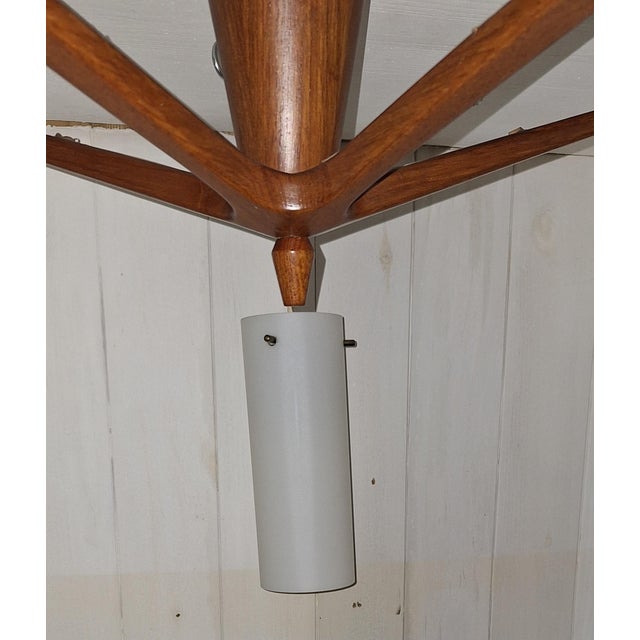 Vintage Mid-Century Danish Five-Light Ceiling Cascade Lamp with Teak Frame and White Satin Glass Shades, 1960s For Sale - Image 11 of 12
