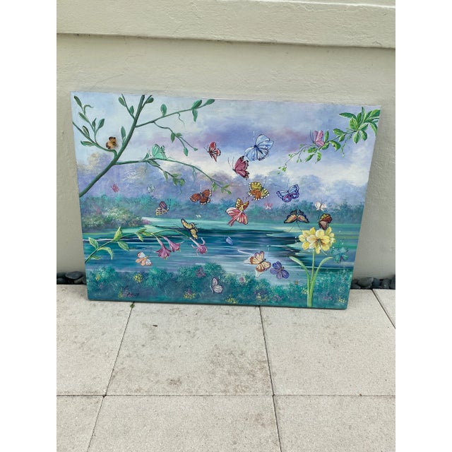 Amazing oil painting large size botanical theme with butterflies vegetation in blues and greens