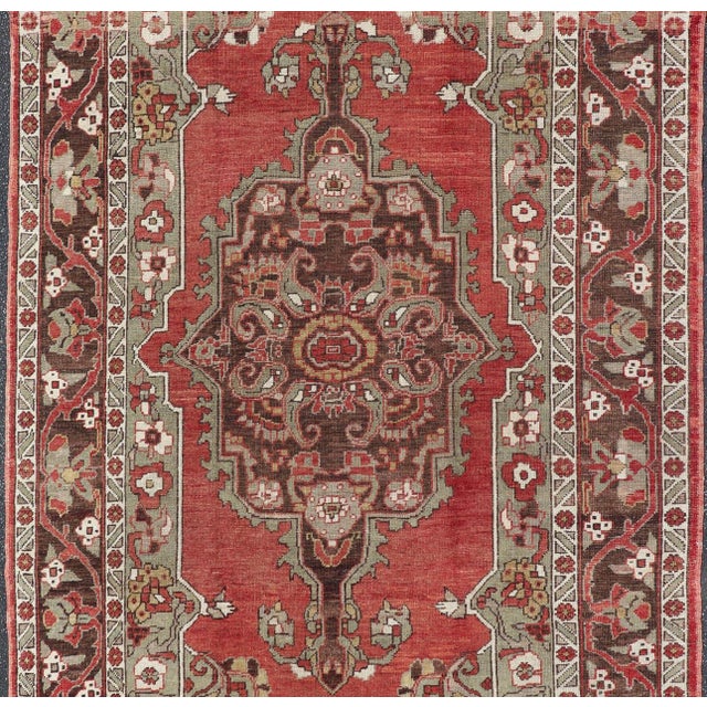1920s Antique Turkish Oushak Rug With Medallion in Soft Red, Light Green & Brown For Sale - Image 5 of 16