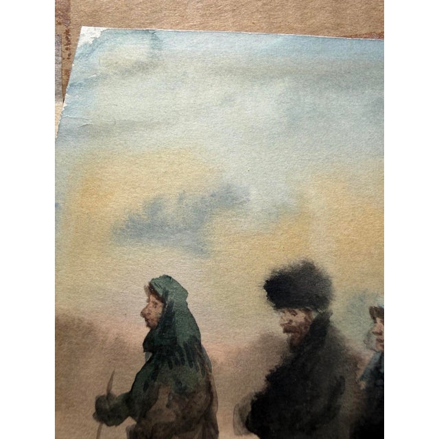 Baby Blue Antique Watercolor of a Russian Winter Procession in Ornate Gilt Frame - Unsigned Unknown Artist For Sale - Image 8 of 17