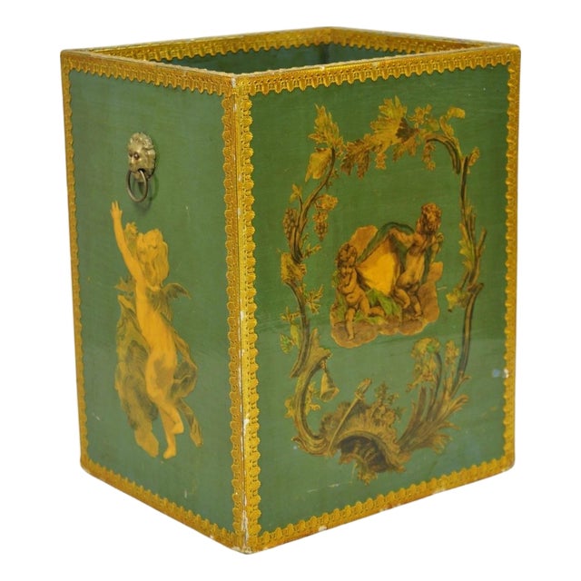 Vintage Italian Venetian Decoupage Green Gold Papier Mache Wastebasket Trash Can For Sale