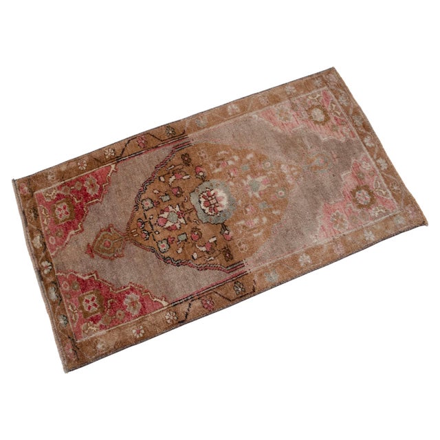 Vintage Turkish Small Rug Faded Pink Brown Hand Knotted Door Mat 20"x37" For Sale - Image 6 of 13