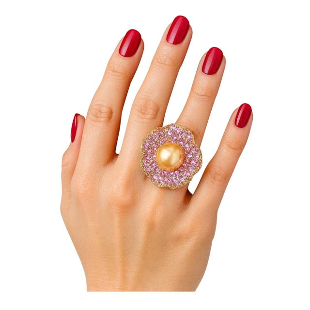 Bochic “Orient” Vintage South Sea Pearl & Pink Sapphire Ring Set 18K Gold & Silver For Sale - Image 4 of 7