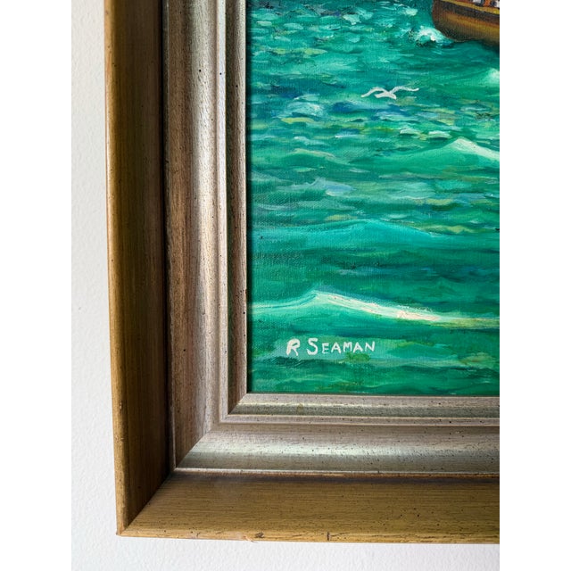 1970’s R. Seaman Impressionist Tall Ship Ocean Landscape Oil on Canvas Painting, Framed For Sale - Image 10 of 12