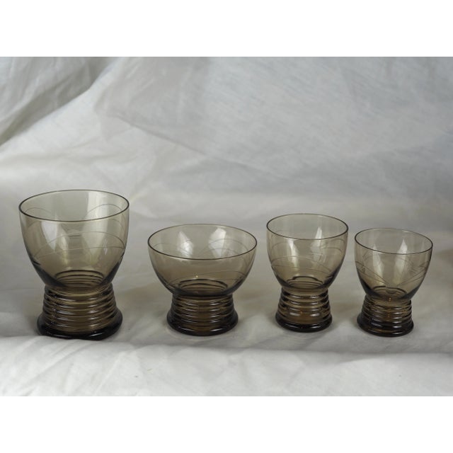 Mid-Century Modern 1970s French Smoked Blown Engraved Glasses- Set of 17 For Sale - Image 3 of 13