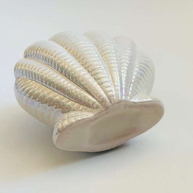 White Vintage Iridescent Ceramic Shell Vase For Sale - Image 8 of 8