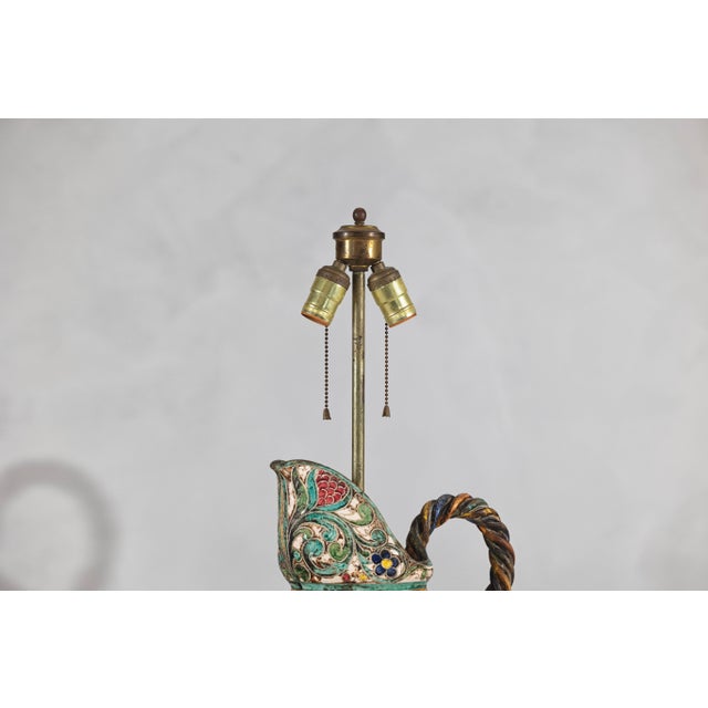 Mid 20th Century Majolica-Style Mid-Century Modern Ceramic Table Lamp with Birds and Floral Motifs For Sale - Image 10 of 12