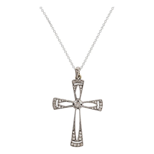 1920s Art Deco Diamond 14k Yellow Gold and Platinum Cross Pendant Necklace For Sale
