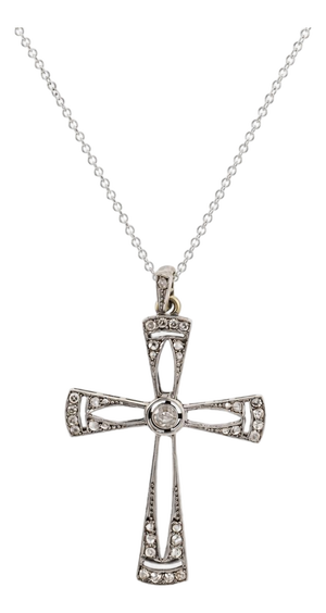 1920s Art Deco Diamond 14k Yellow Gold and Platinum Cross Pendant Necklace