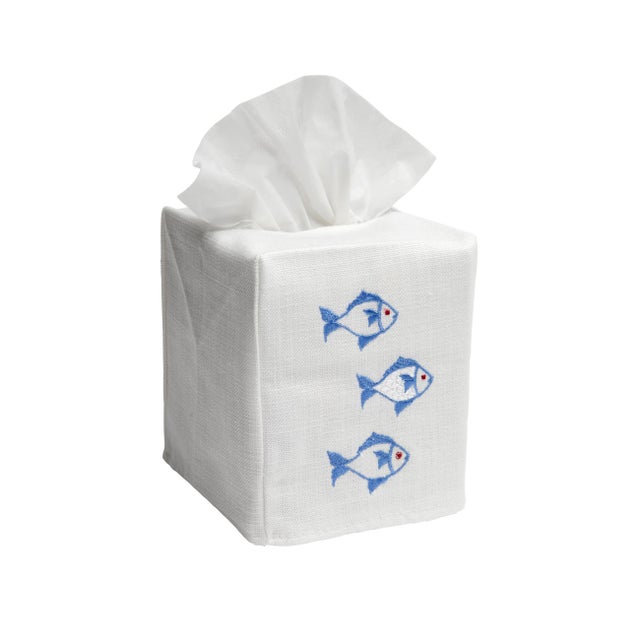 Size: W-4 ½”, D-4 ½”, H-5 ¼” (Fits the standard Puffs & Kleenex cubes) Fabric: White Linen / Cotton Embroidery: Blue...