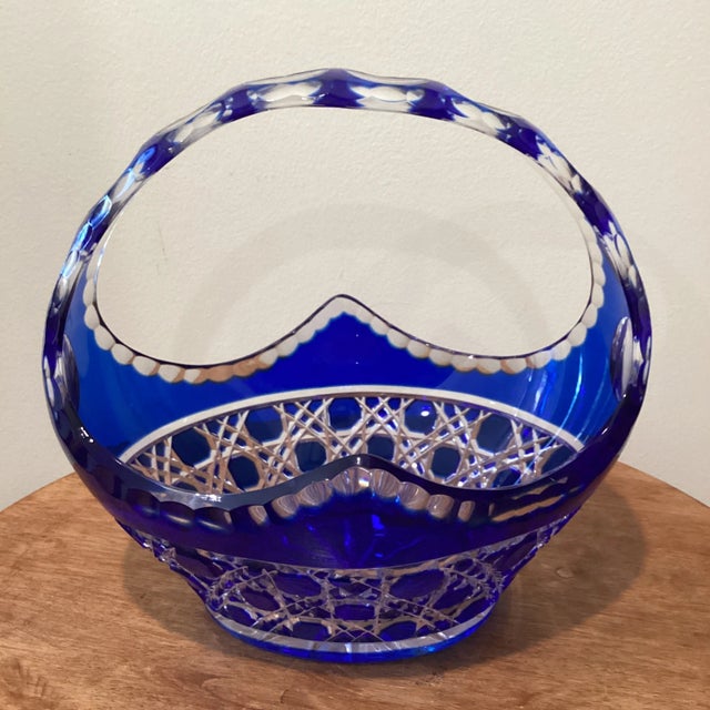 Vintage Limited Edition Cobalt Blue Cut to Clear Bohemian Crystal Centerpiece Basket For Sale - Image 13 of 13