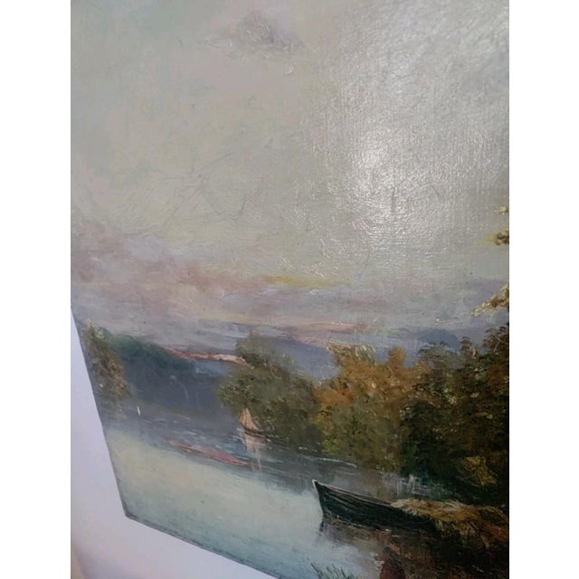 A beautiful subject Landscape painting with Tall Trees , lake and a hay cart pulled by pair of horses in tantum with...