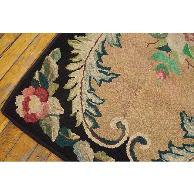 1930s Tan Camel Floral Medallion Antique American Hooked Rug 2'7" X 4'2" Handwoven Wool Carpet For Sale - Image 4 of 5
