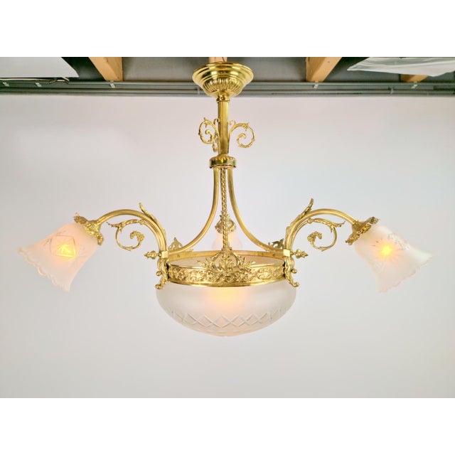 Antique French Art Deco Style Glass and Bronze Chandelier, 1930s Designer:- Producer:- Model: chandelier Period: 1930...