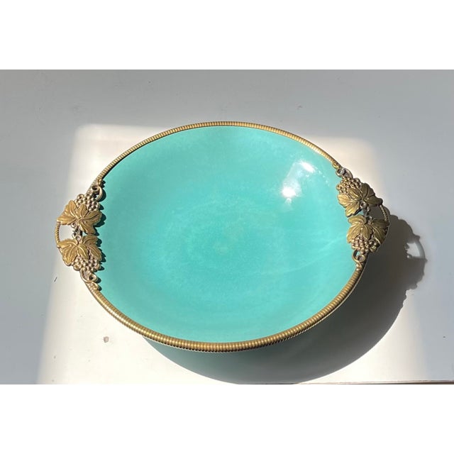 Teal Art Deco Ceramic Dish in Turquoise Green Glaze & Brass from Christian Jensen, 1930s For Sale - Image 8 of 9