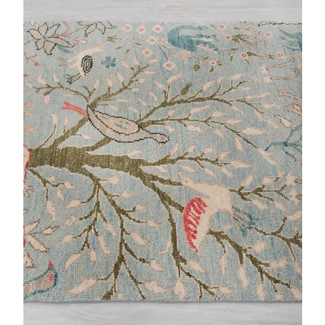 Textile 2.6x12ft. Light Blue Peacock Bird Garden Hand Knotted Wool Rug For Sale - Image 7 of 17